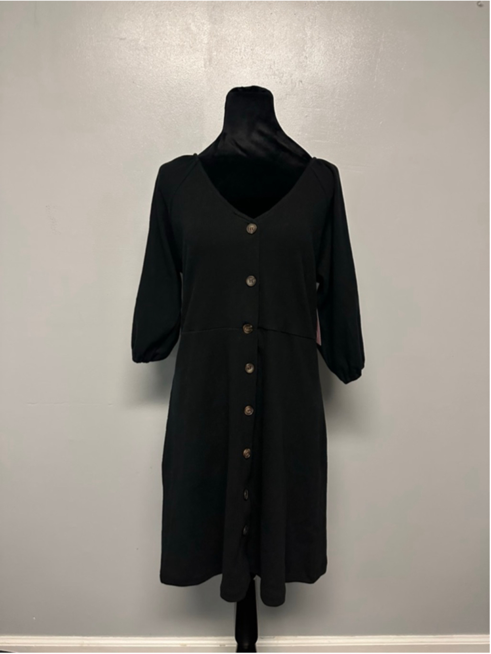 Carole Christian Black Button-Front Dress womens Medium knee length 3/4 sleeve